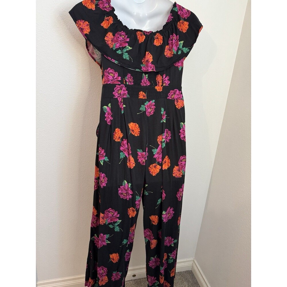 Torrid Jumpsuit Black Floral Wide Leg  Sleeveless Rayon Ruffle Size L Day Dead - Picture 5 of 7